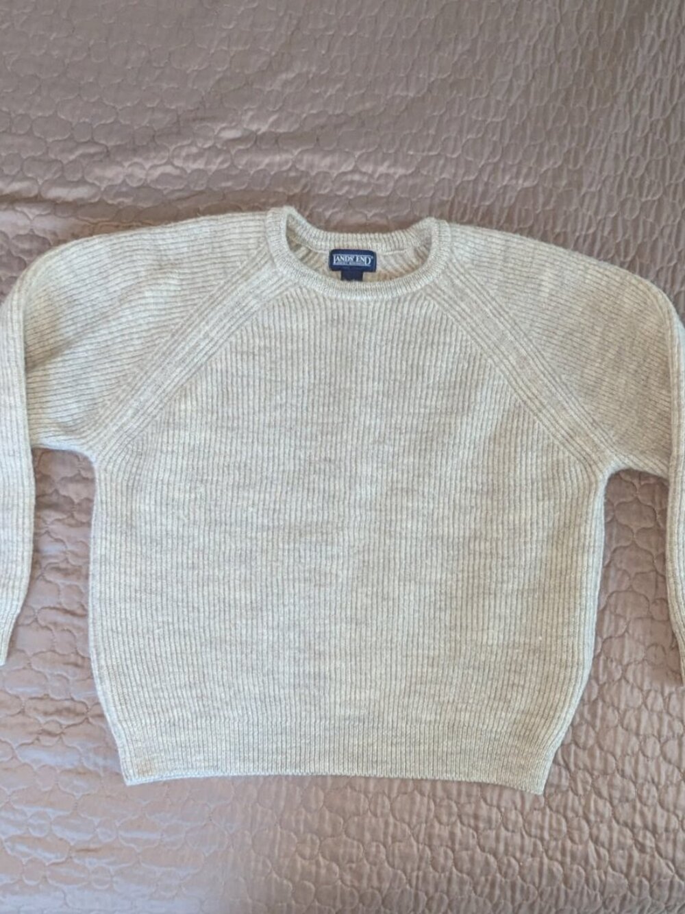 Vtg Lands End 100% Wool Sweater Mens Med Cream Ribbed Knit Fisherman Crewneck